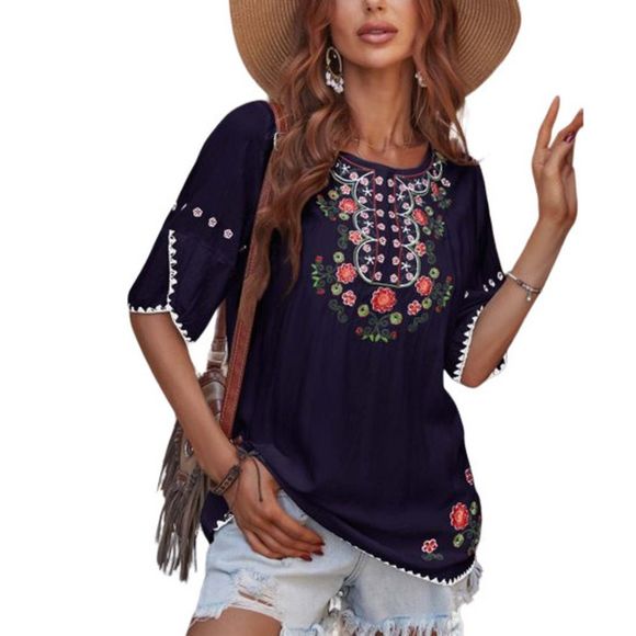 E-RÃ©tro Navy Floral Embroidered Half Sleeve Tunic One-Size - Picture 2 of 2